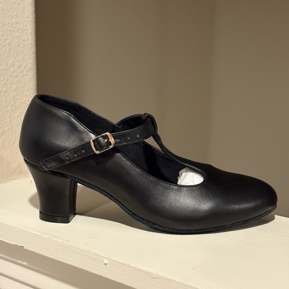 Bokimd T-Strap Latin Salsa Ballroom Dance Heels LEATHER BLACK Womens Size 7 - Picture 2 of 8
